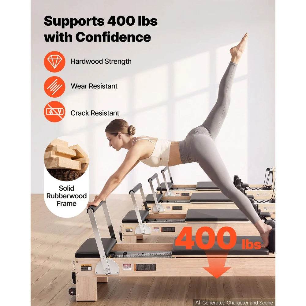 VEVOR Pilates Reformer 94" Pilates Machine 400 lbs Capacity Rubberwood, for Home Use and Gym Workout, with Jump Board, Springs, Sitting Box, and Adjustable Headerest, for Advanced Beginners Users