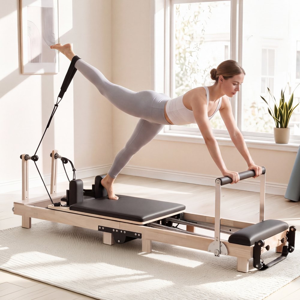 VEVOR Pilates Reformer 91" Foldable Pilates Machine 400 lbs Rubberwood, for Home Use and Gym Workout, with Jump Board, Springs, Sitting Box, and Adjustable Headerest, for Advanced Beginners Users