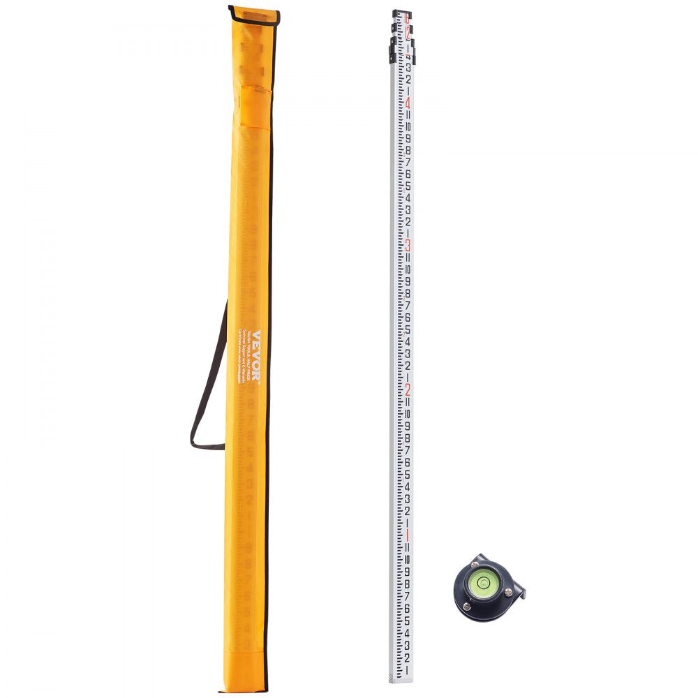 VEVOR Aluminum Grade Rod, 16-Feet/8ths 4 Sections Telescopic Measuring Rod,Double-Sided Scale 1/8in Leveling Rod Stick,Aluminum Alloy Survey Rod with Bubble Level &Carrying Bag for Houses,Walls,Floors