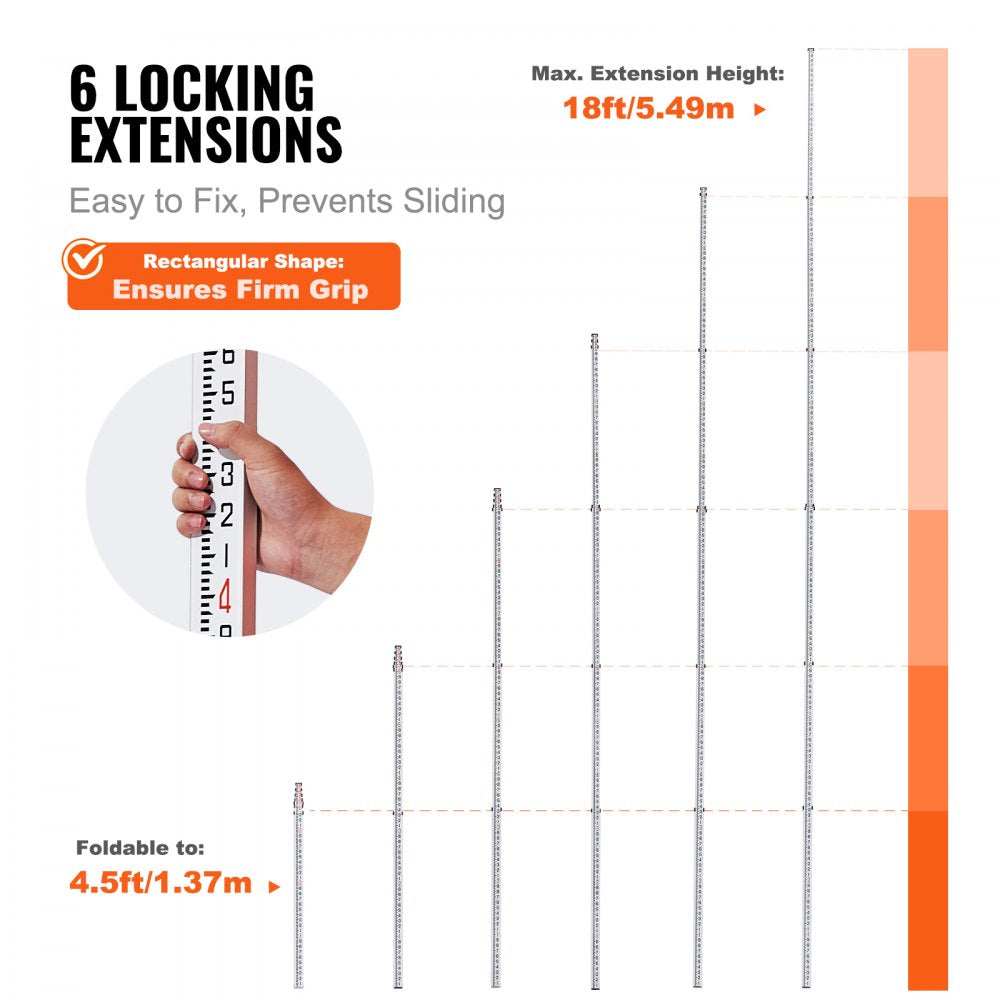 VEVOR Aluminum Grade Rod, 18-Feet/10ths 6 Sections Telescopic Measuring Rod,Double-Sided Scale 1/10ft Leveling Rod Stick,Aluminum Alloy Survey Rod w/ Bubble Level &Carrying Bag for Houses,Walls,Floors
