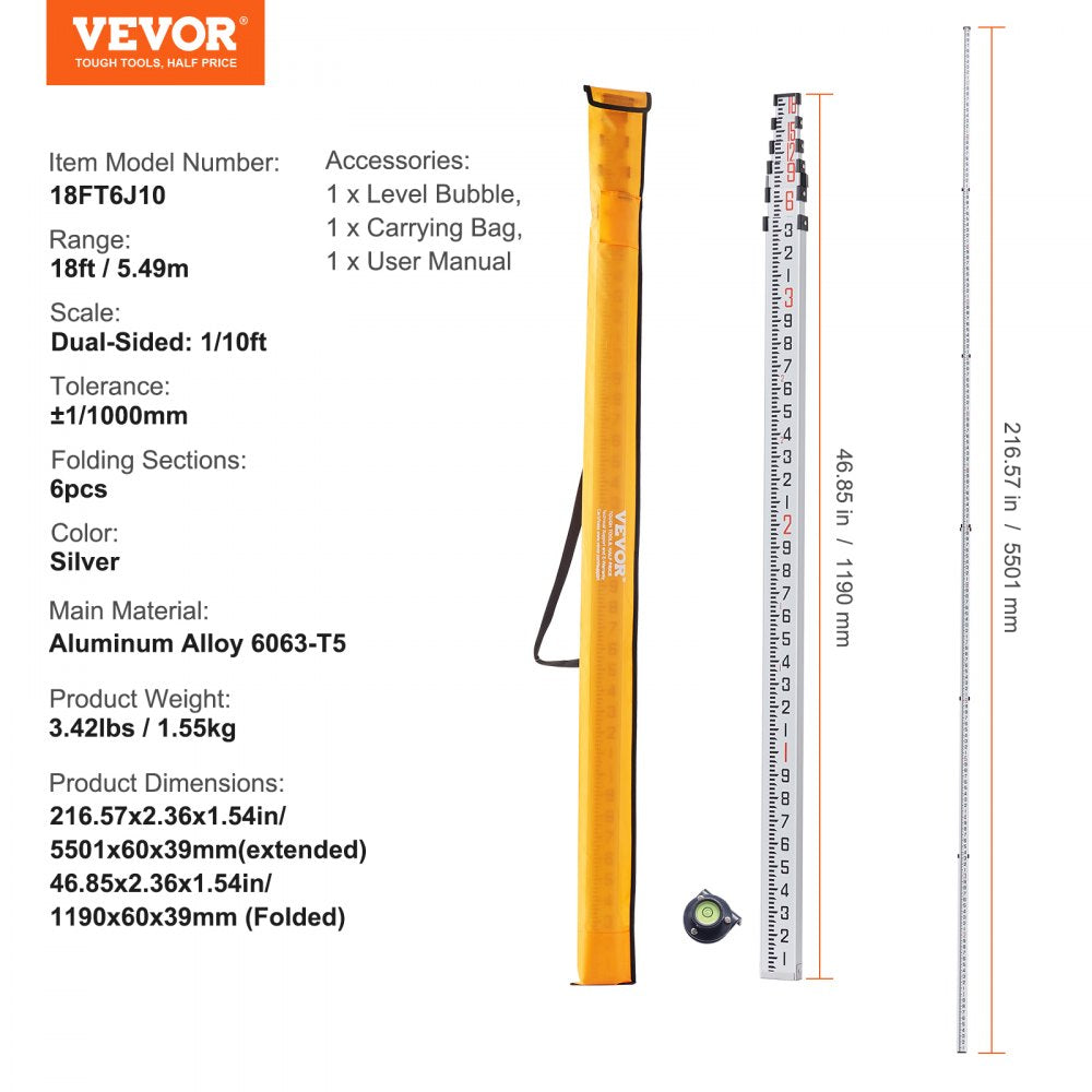 VEVOR Aluminum Grade Rod, 18-Feet/10ths 6 Sections Telescopic Measuring Rod,Double-Sided Scale 1/10ft Leveling Rod Stick,Aluminum Alloy Survey Rod w/ Bubble Level &Carrying Bag for Houses,Walls,Floors