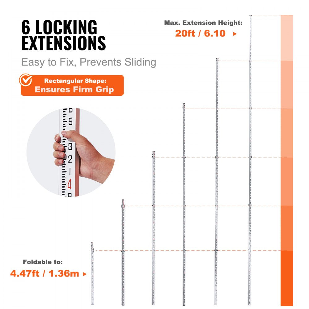 VEVOR Aluminum Grade Rod, 20-Feet/10ths 6 Sections Telescopic Measuring Rod,Double-Sided Scale 1/10ft Leveling Rod Stick, Aluminum Alloy Survey Rod w/ Bubble Level &Carrying Bag for Houses,Walls,Floor