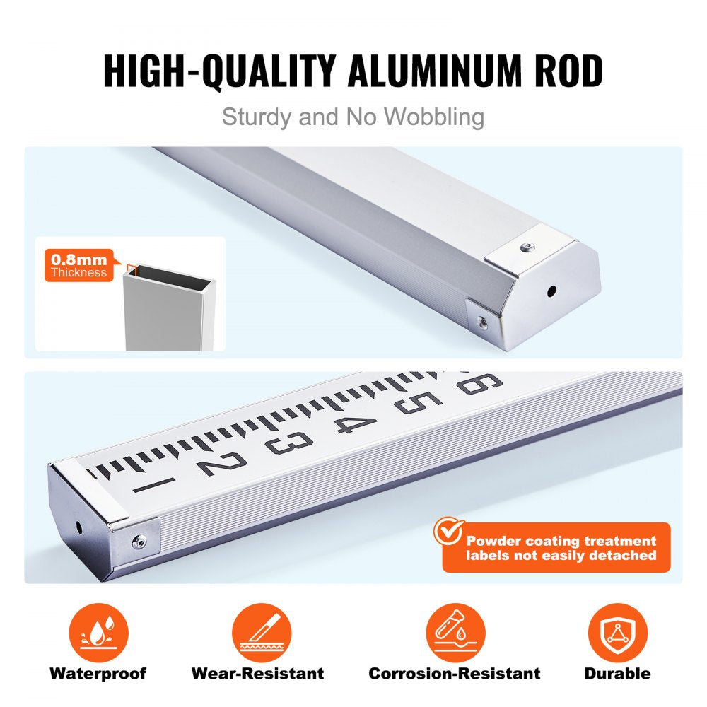 VEVOR Aluminum Grade Rod, 25-Feet/10ths 6 Sections Telescopic Measuring Rod,Double-Sided Scale 1/10ft Leveling Rod Stick,Aluminum Alloy Survey Rod w/ Bubble Level &Carrying Bag for Houses,Walls,Floors