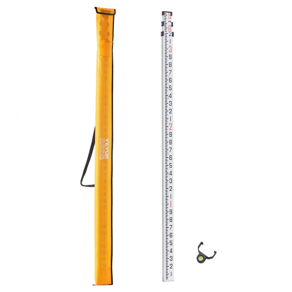 VEVOR Aluminum Grade Rod, 9-Feet/10ths 3 Sections Telescopic Measuring Rod,Double-Sided Scale 1/10ft Leveling Rod Stick,Aluminum Alloy Survey Rod with Bubble Level&Carrying Bag for Houses,Walls,Floors