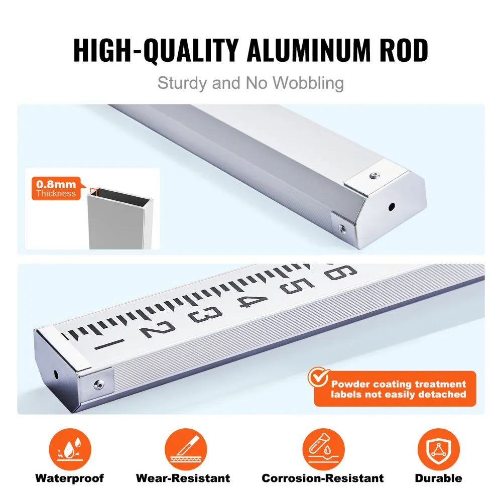 VEVOR Aluminum Grade Rod, 9-Feet/8ths 3 Sections Telescopic Measuring Rod, Double-Sided Scale 1/8in Leveling Rod Stick,Aluminum Alloy Survey Rod with Bubble Level &Carrying Bag for Houses,Walls,Floors