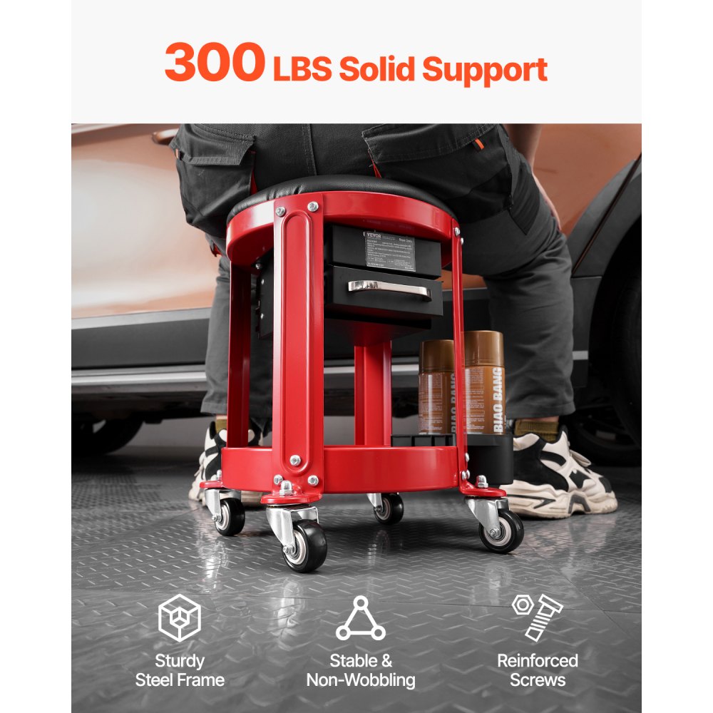 VEVOR Rolling Mechanic Stool with Wheels, 300 lbs Capacity Garage Seat/Work Stool, Padded Roller Creeper Seat with Fixed Height, Tool Tray and 2 Drawers, for Garage, Shop & Auto Repair, Red+Black