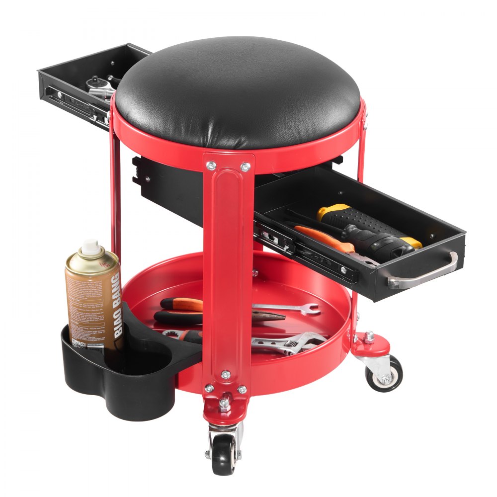 VEVOR Rolling Mechanic Stool with Wheels, 300 lbs Capacity Garage Seat/Work Stool, Padded Roller Creeper Seat with Fixed Height, Tool Tray and 2 Drawers, for Garage, Shop & Auto Repair, Red+Black