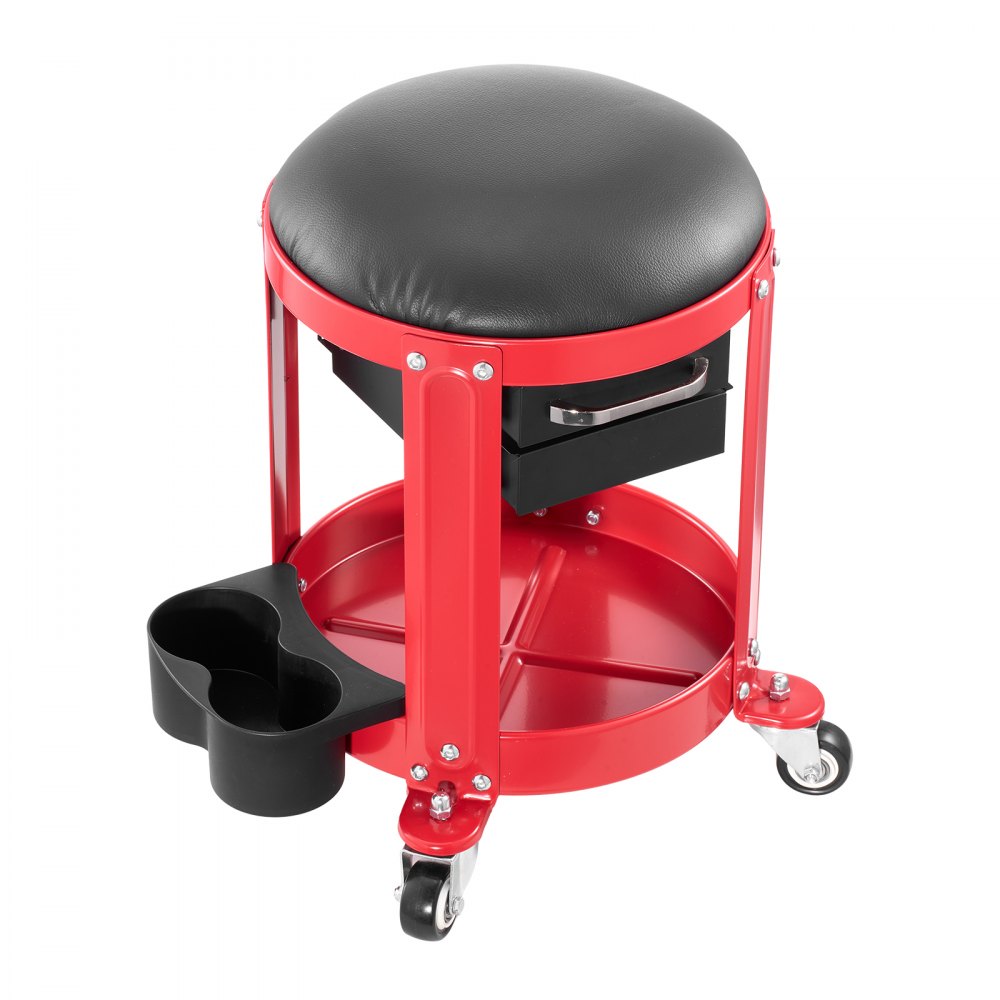 VEVOR Rolling Mechanic Stool with Wheels, 300 lbs Capacity Garage Seat/Work Stool, Padded Roller Creeper Seat with Fixed Height, Tool Tray and 2 Drawers, for Garage, Shop & Auto Repair, Red+Black