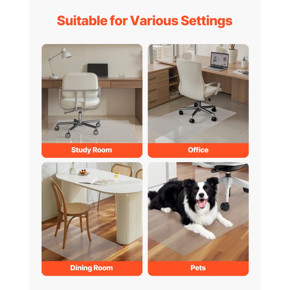 VEVOR Chair Mat, 30 x 48-inch Transparent Office Chair Mat for Hard Floors, Floor Protector for Rolling Chairs, Non-Slip & Easy to Clean, Smooth Glide Under Desk Rug for Home Office (Rectangular)