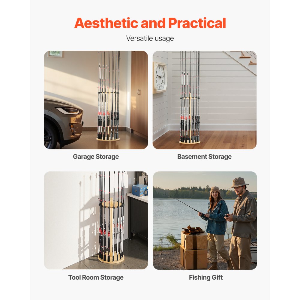 VEVOR Fishing Rod Holders for 16 Fishing Poles, Wood Round Fishing Rods Rack for Garage Organization and Storage, Floor Stand Space-Saving Equipment, for Reels Gear Accessories, Gifts for Men