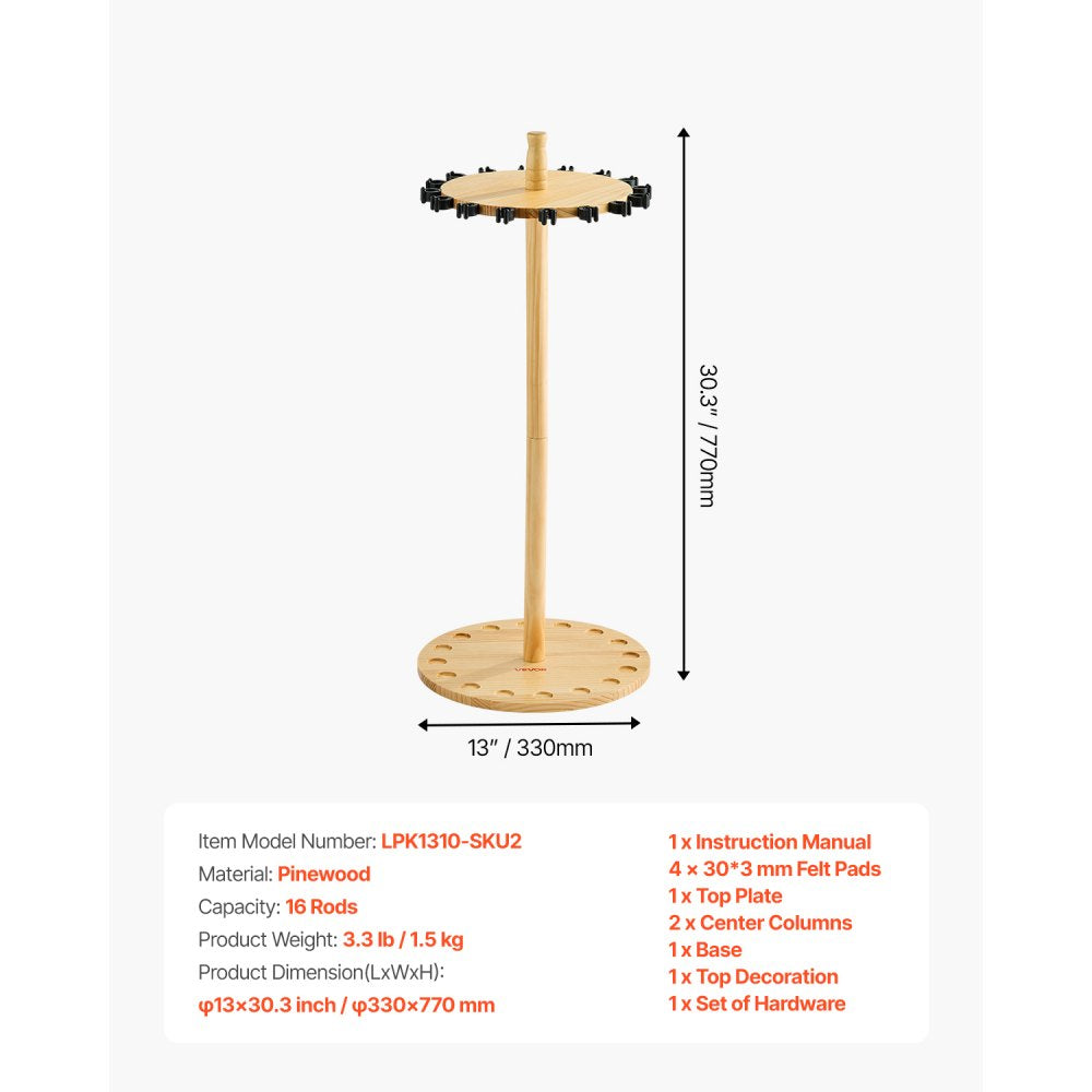 VEVOR Fishing Rod Holders for 16 Fishing Poles, Wood Round Fishing Rods Rack for Garage Organization and Storage, Floor Stand Space-Saving Equipment, for Reels Gear Accessories, Gifts for Men