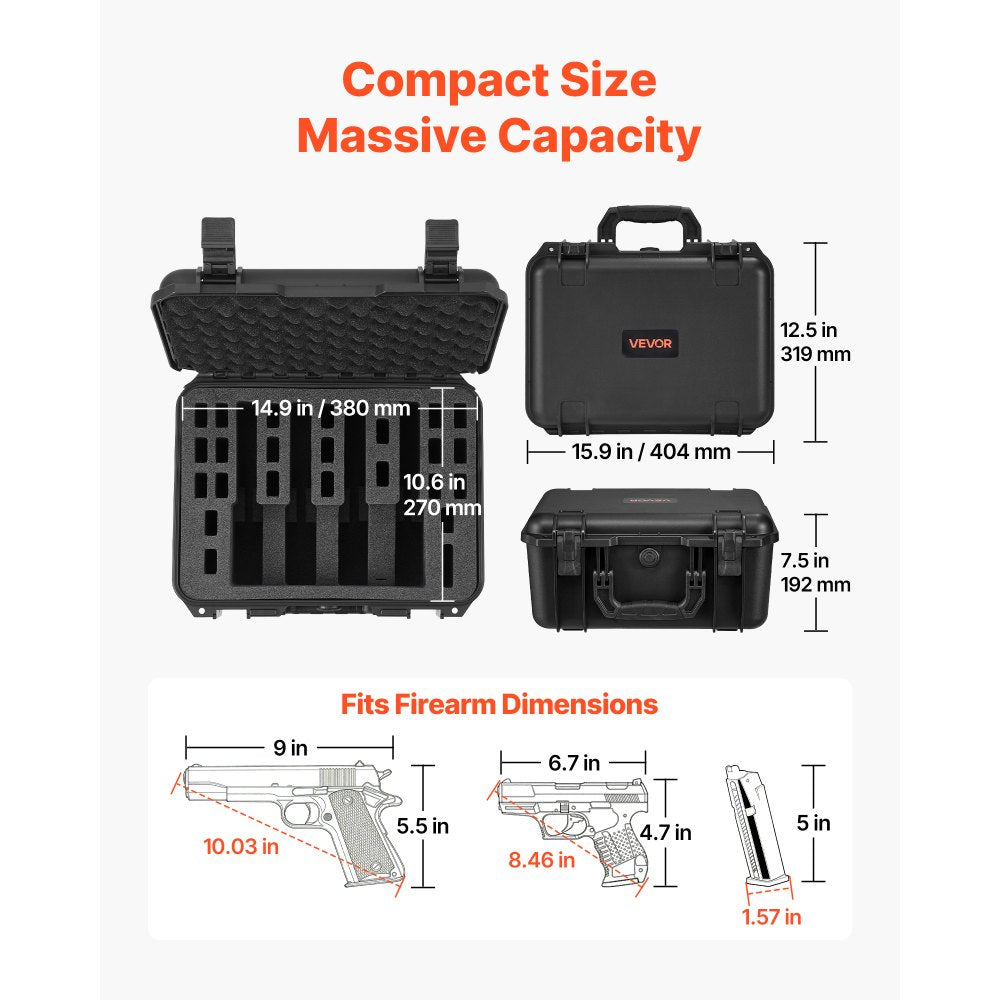 VEVOR Hard Pistol Case, Heavy Duty Hard Gun Case with XPE Foam Lining, Waterproof Pistol Storage Box with Customizable Interior & Handle for Gun, Lenses, Camera, Gear, TSA Compliant, 15.9x12.5x7.5 in