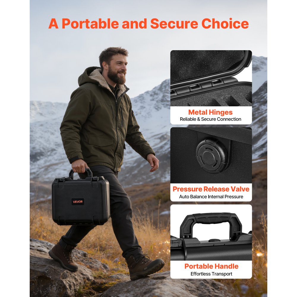 VEVOR Hard Pistol Case, Heavy Duty Hard Gun Case with XPE Foam Lining, Waterproof Pistol Storage Box with Customizable Interior & Handle for Gun, Lenses, Camera, Gear, TSA Compliant, 15.9x12.5x7.5 in