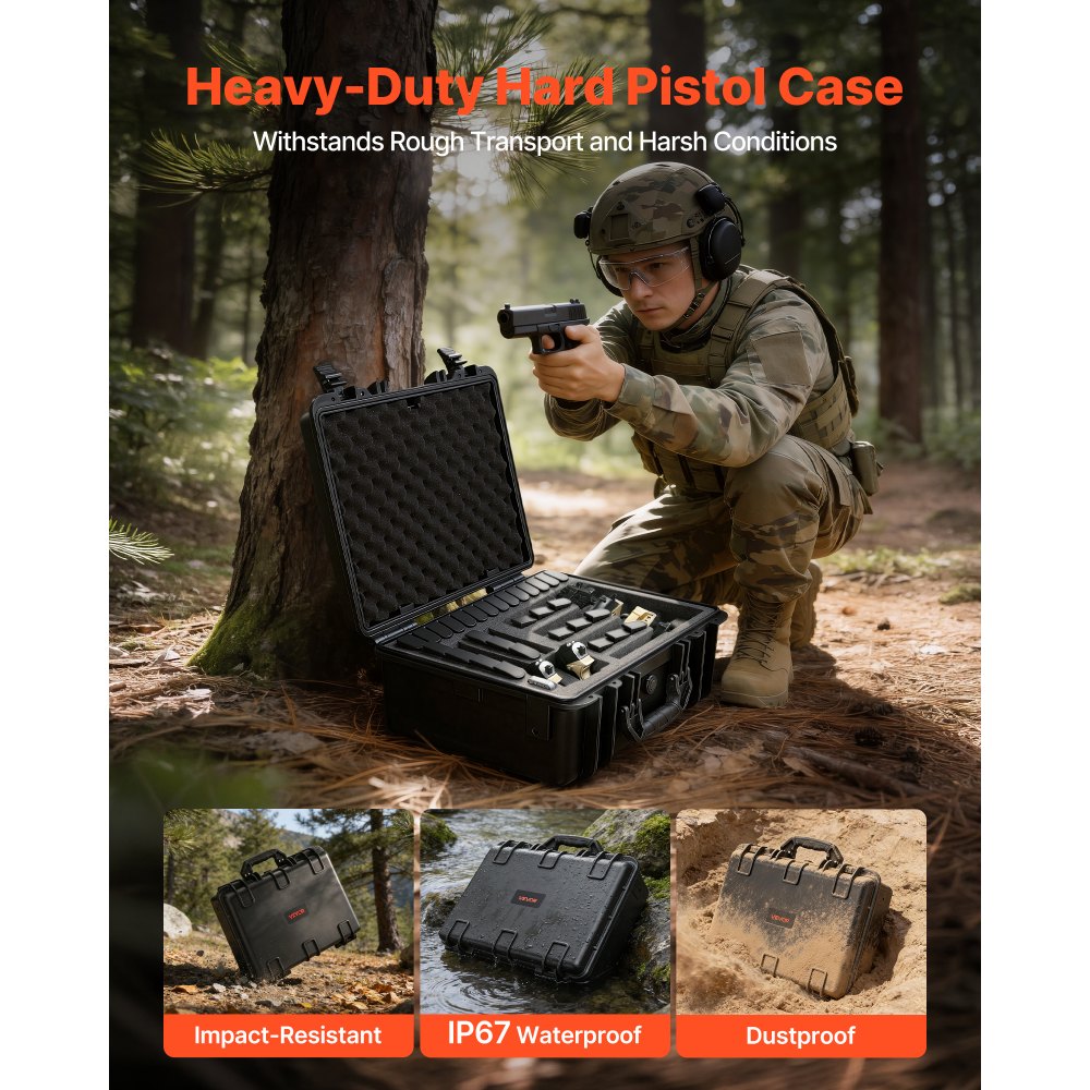 VEVOR Hard Pistol Case, Heavy Duty Hard Gun Case with XPE Foam Interior, Waterproof Pistol Storage Box with Customizable Lining & Handle for Gun, Lenses, Camera, Gear, TSA Compliant, 18.7x12.5x7.5 in