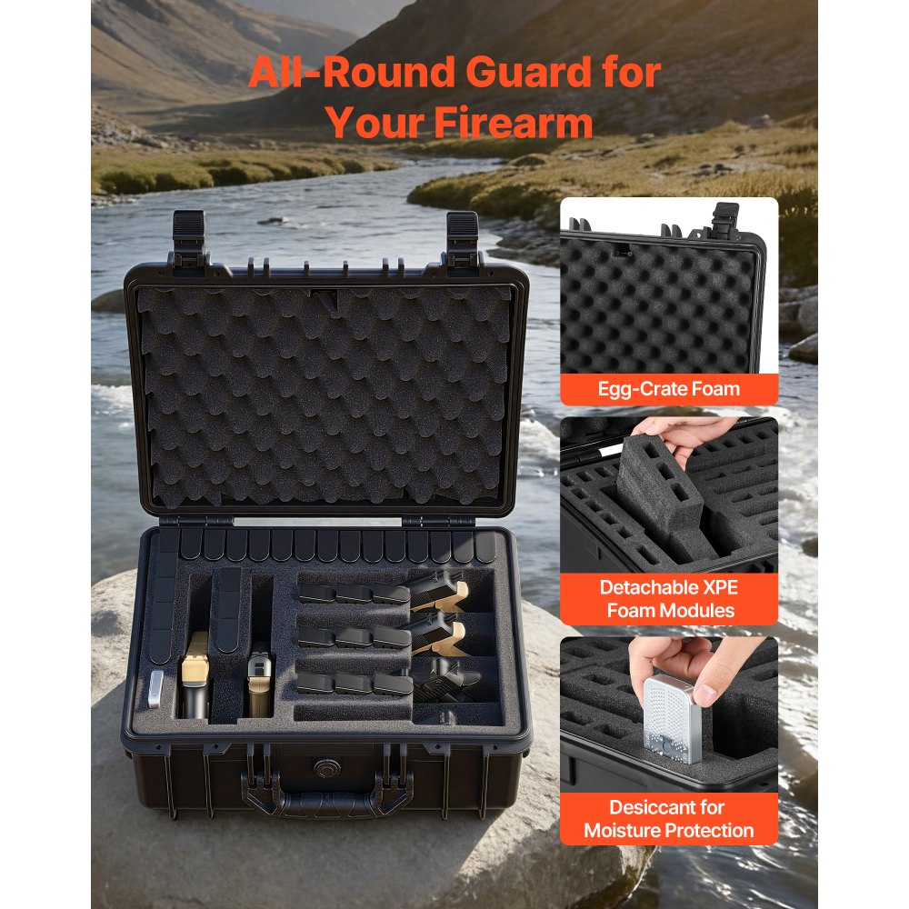 VEVOR Hard Pistol Case, Heavy Duty Hard Gun Case with XPE Foam Interior, Waterproof Pistol Storage Box with Customizable Lining & Handle for Gun, Lenses, Camera, Gear, TSA Compliant, 18.7x12.5x7.5 in