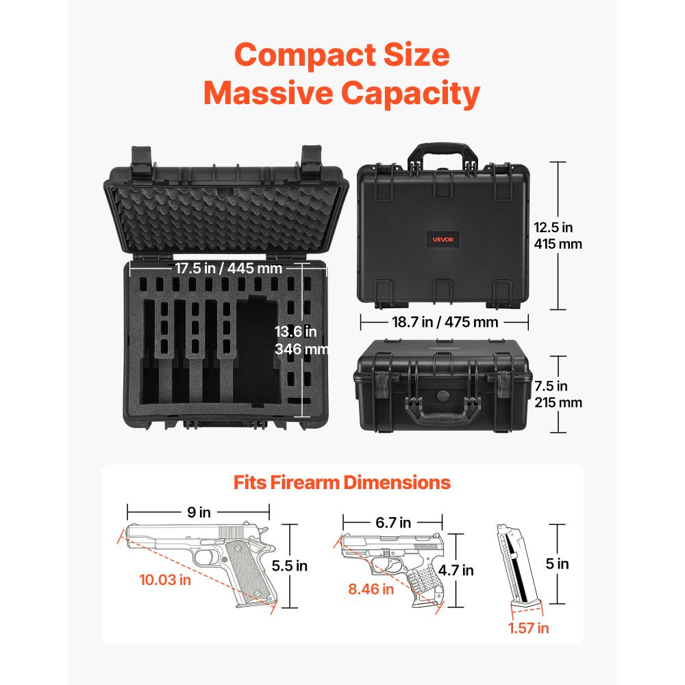 VEVOR Hard Pistol Case, Heavy Duty Hard Gun Case with XPE Foam Lining, Waterproof Pistol Storage Box with Customizable Interior & Handle for Gun, Lenses, Camera, Gear, TSA Compliant, 18.7x12.5x7.5 in
