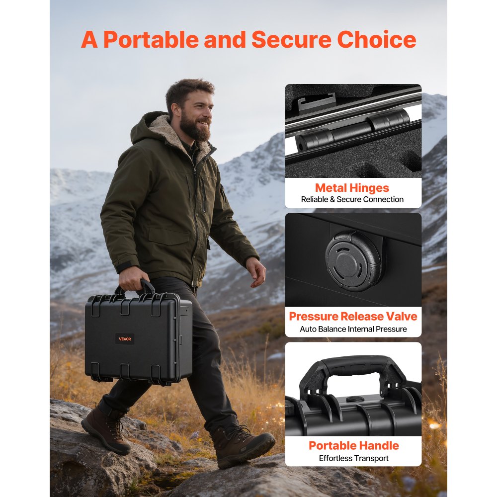 VEVOR Hard Pistol Case, Heavy Duty Hard Gun Case with XPE Foam Lining, Waterproof Pistol Storage Box with Customizable Interior & Handle for Gun, Lenses, Camera, Gear, TSA Compliant, 18.7x12.5x7.5 in