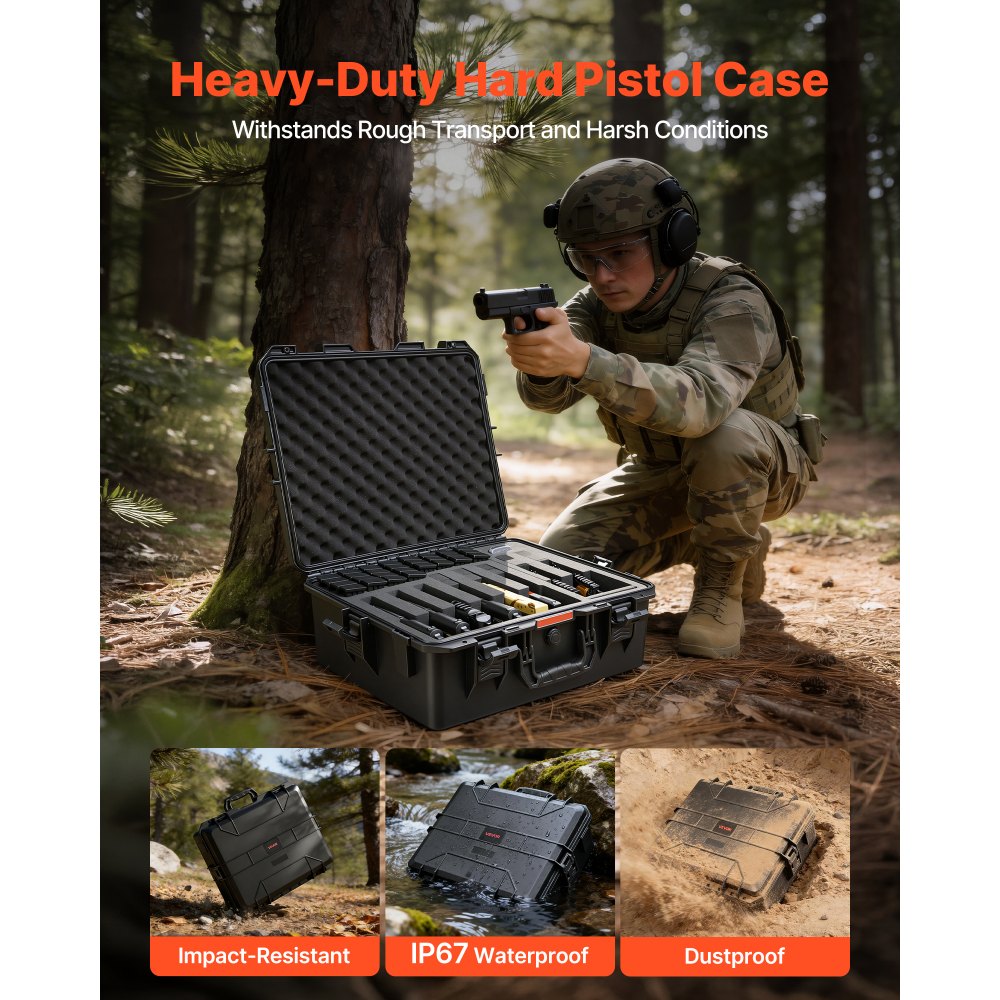 VEVOR Hard Pistol Case, Heavy Duty Hard Gun Case with XPE Foam Lining, Waterproof Pistol Storage Box with Customizable Interior & Handle for Gun, Lenses, Camera, Gear, TSA Compliant, 21.9x17.9x8.8 in