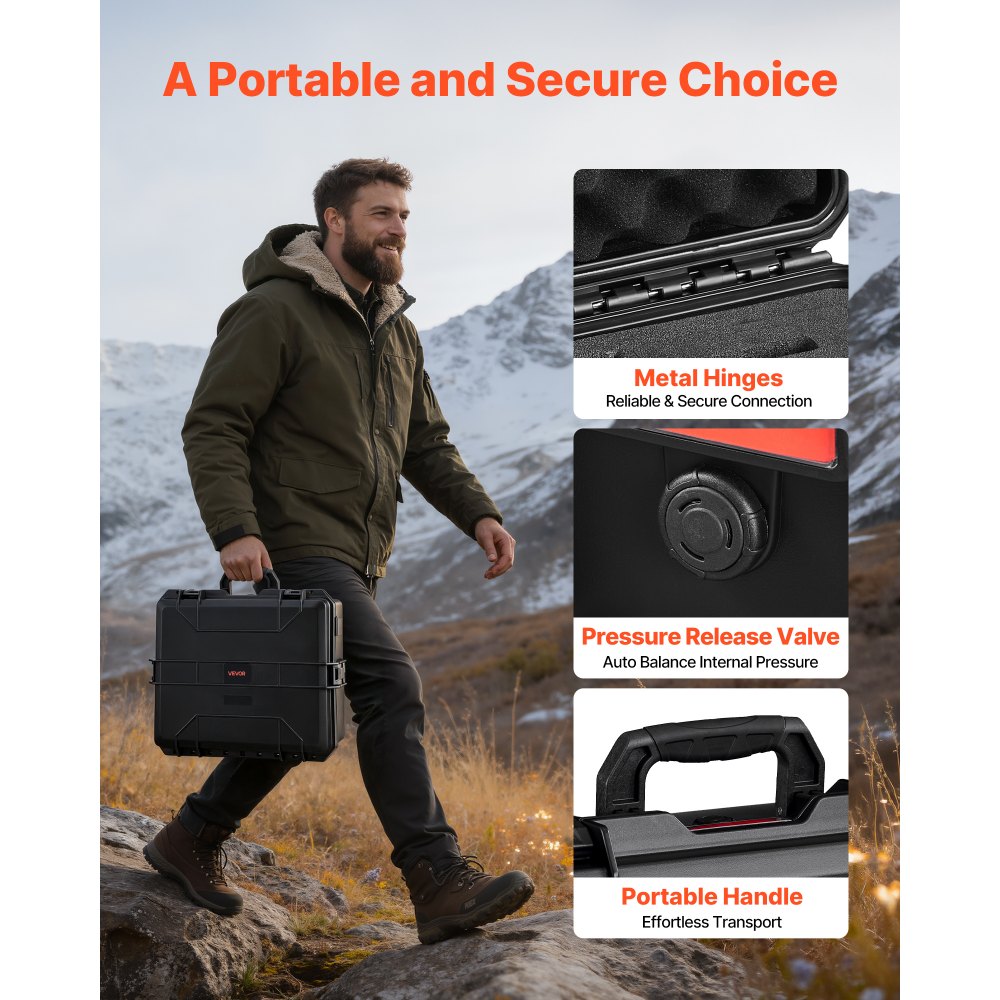 VEVOR Hard Pistol Case, Heavy Duty Hard Gun Case with XPE Foam Lining, Waterproof Pistol Storage Box with Customizable Interior & Handle for Gun, Lenses, Camera, Gear, TSA Compliant, 21.9x17.9x8.8 in