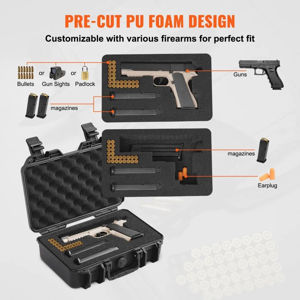 VEVOR Hard Pistol Cases with Pre-cut PU Foam, Waterproof & Dustproof Hard Gun Case for 1 Pistol, 12.59×9.01×4.4 in Lockable Pistol Case, Black