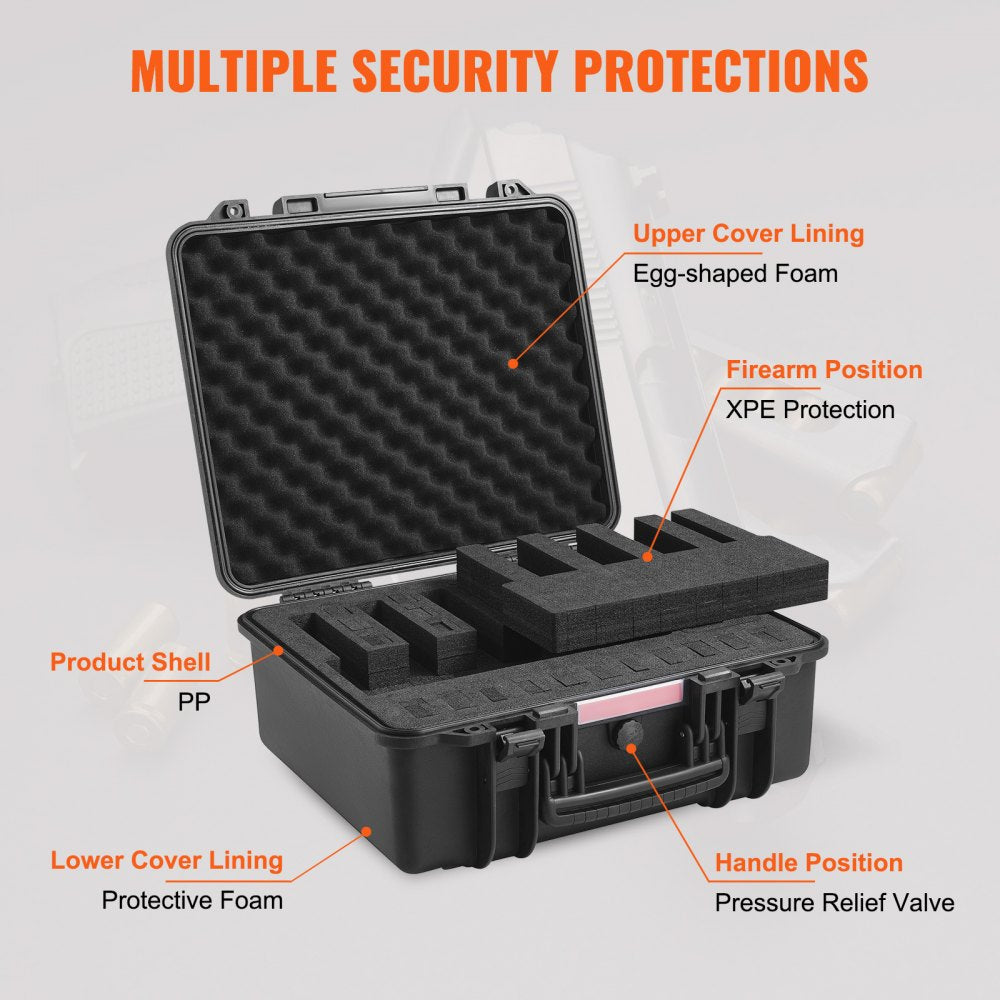 VEVOR Hard Pistol Cases with Pre-cut Lining, Waterproof & Dustproof Hard Gun Case for 6 Pistol, 19.3×17.1×8.3 in Lockable Pistol Case, Black