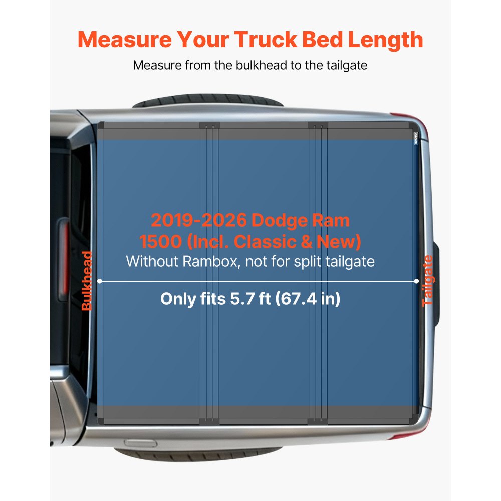 VEVOR Hard Tri-Fold Truck Bed Tonneau Cover, Compatible with 2019-2026 Dodge Ram 1500 (Incl. Classic & New) 5.7 ft (67.4 in) Bed Without Rambox (Not Fit Split Tailgate), Waterproof Folding Truck Cover