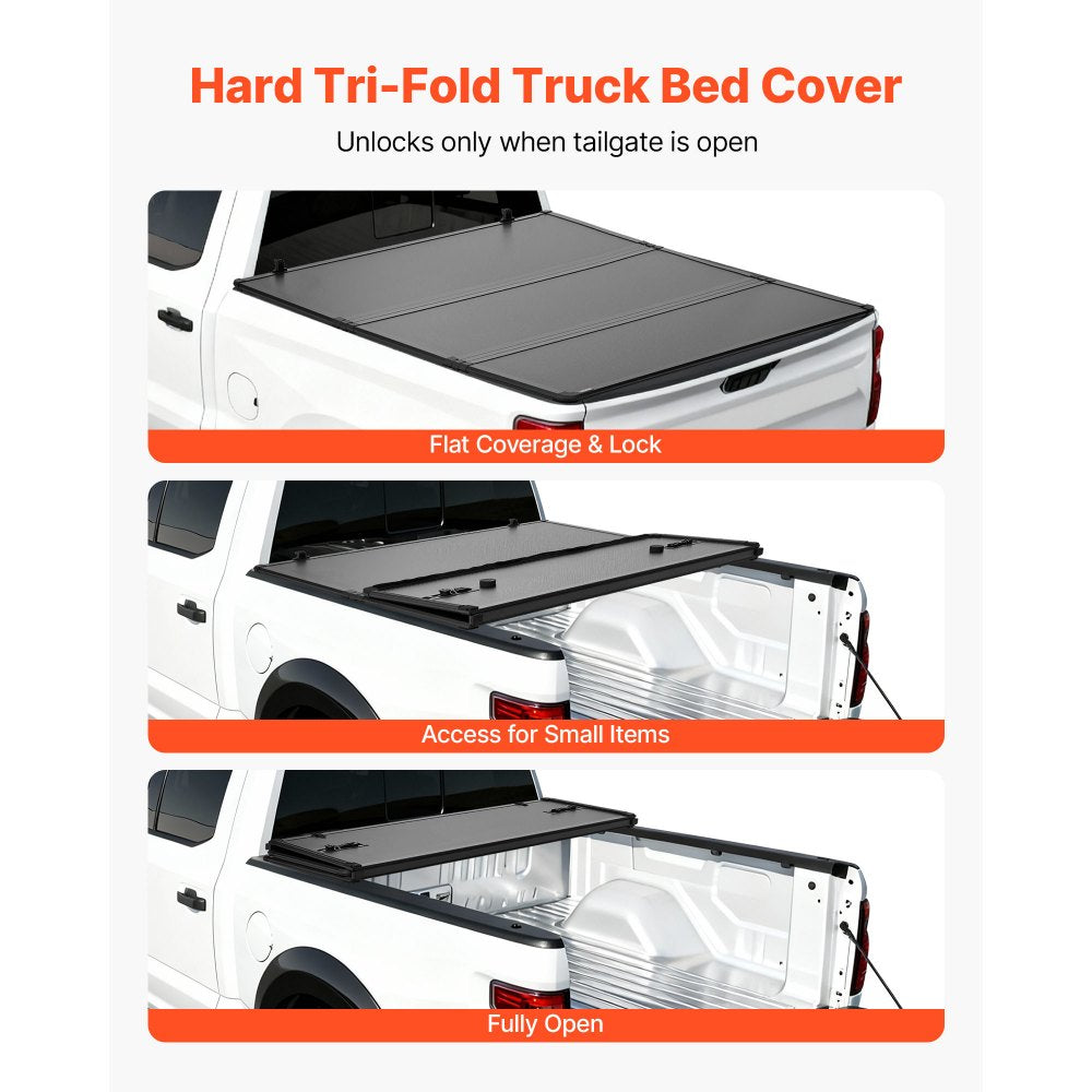 VEVOR Hard Tri-Fold Truck Bed Tonneau Cover, Compatible with 2007-2025 Chevy Silverado/GMC Sierra 1500 5.8 ft (69.3 in) Short Box (No CarbonPro Bed), Waterproof Fiberglass Folding Truck Tonneau Cover