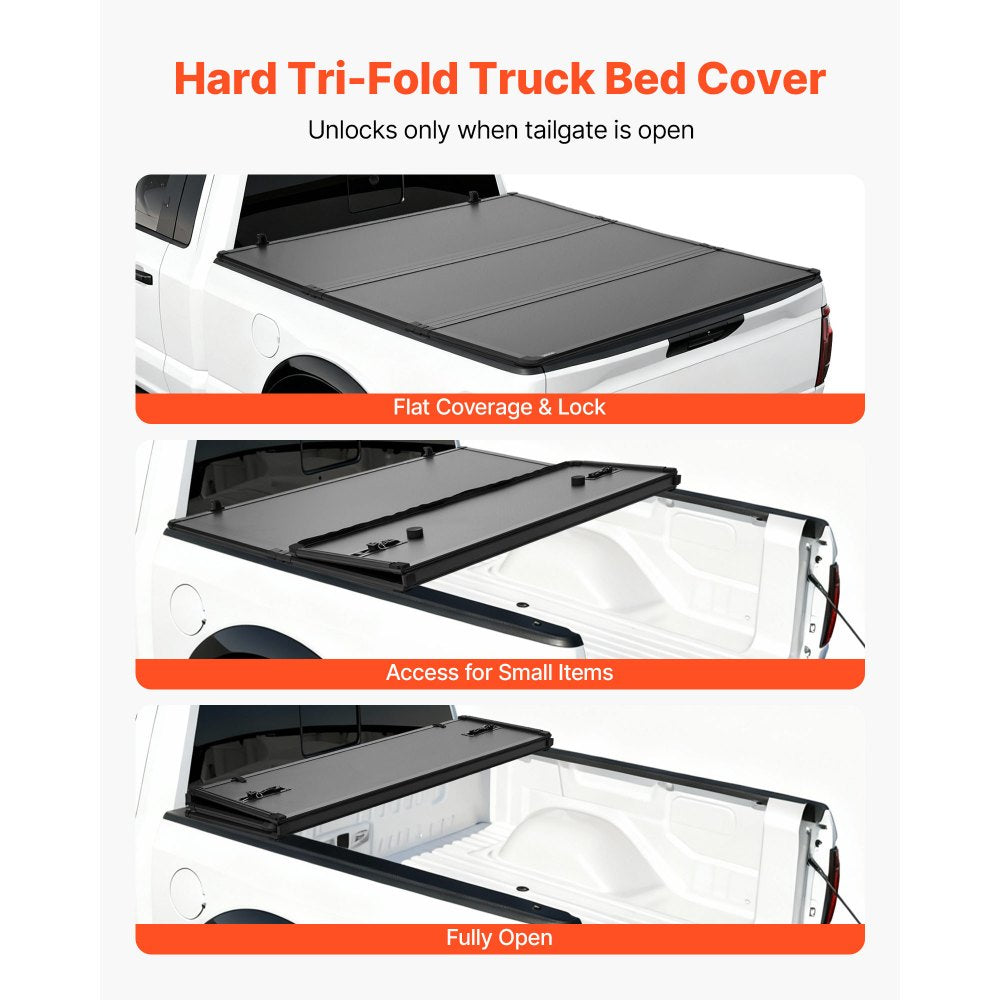 VEVOR Hard Tri-Fold Truck Bed Tonneau Cover, Compatible with 2015-2025 Ford F150 6.5 ft (78.9 in) Standard Bed, Waterproof Fiberglass Hard Folding Truck Tonneau Cover with Aluminum Alloy Support Bar