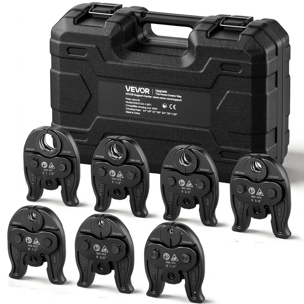 VEVOR 7PCS Pressing Jaws 1/4" to 1-1/8" - Compatible with RLS Copper Pipes, Work with 24KN Compact Series Press Tools for High Pressure HVAC/R Applications, 60 HRC Hardened Steel - with Case