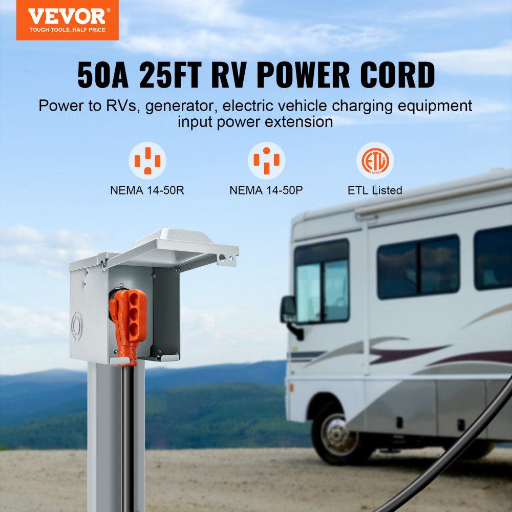 VEVOR 25 ft RV Extension Cord, 50 Amp, Heavy Duty STW RV Power Cord, NEMA 14-50R Female NEMA 14-50P Male Plug, with LED Indicator Handle 15A Adapter, for RVs, trams, generators, campers, ETL Listed
