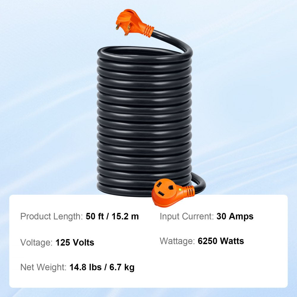 VEVOR 50 ft RV Extension Cord, 30 Amp, Heavy Duty STW RV Power Cord, NEMA TT-30R Female NEMA TT-30P Male Plug, with LED Indicator Handle 15A Adapter, for RVs, trams, generators, campers, ETL Listed