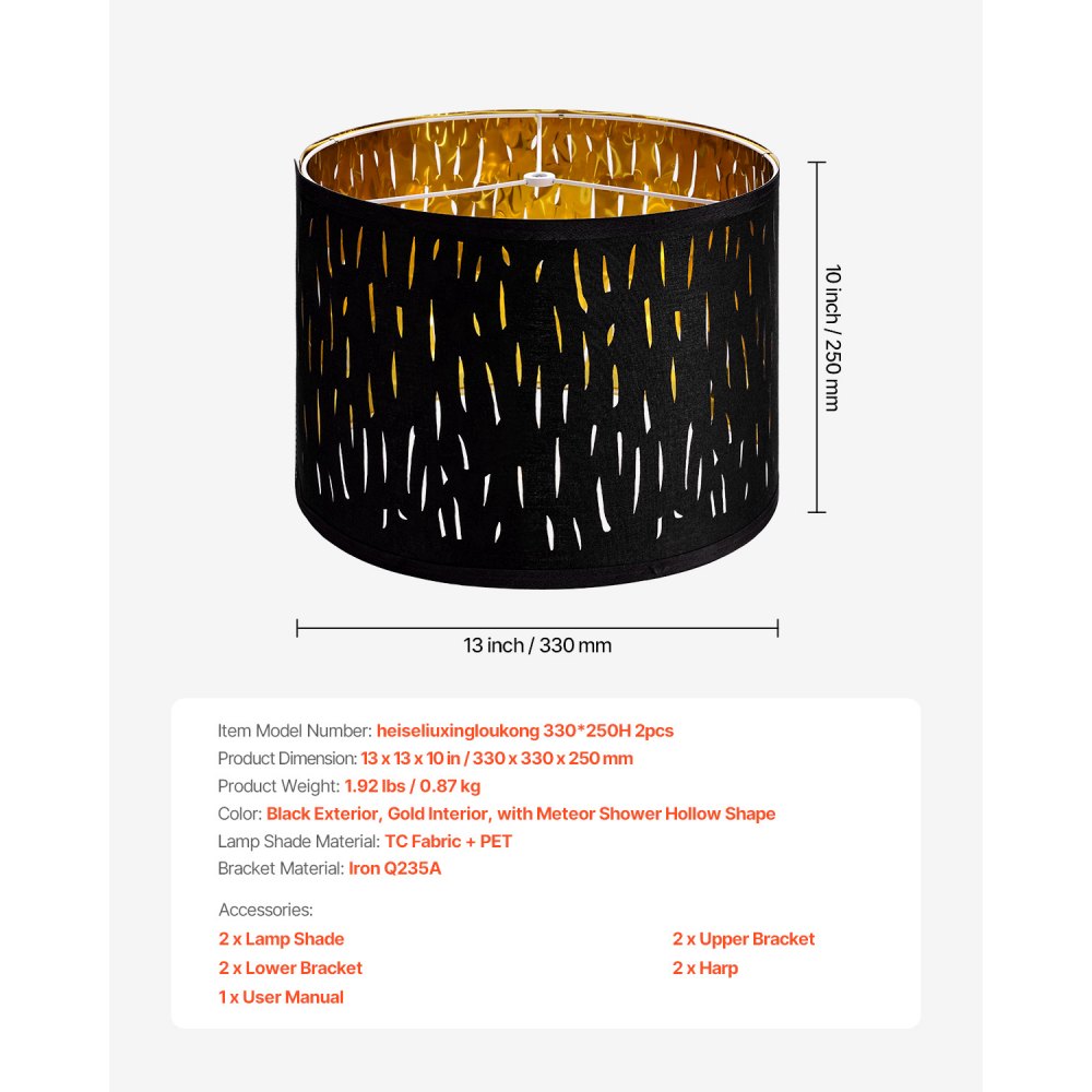 VEVOR Drum Lamp Shade 2 Set, 13 in Top x 13 in Bottom x 10 in High, Medium Drum Lampshade with Harp, Replacement Lamp Shade for Table Lamps Floor Lamps Pendant Lights, Black Hollow-carved Design