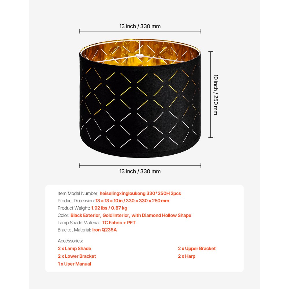 VEVOR Drum Lamp Shade 2 Set, 13 in Top x 13 in Bottom x 10 in High, Medium Drum Lampshade with Harp, Replacement Lamp Shade for Table Lamps Floor Lamps Pendant Lights, Black Diamond Hollow Design
