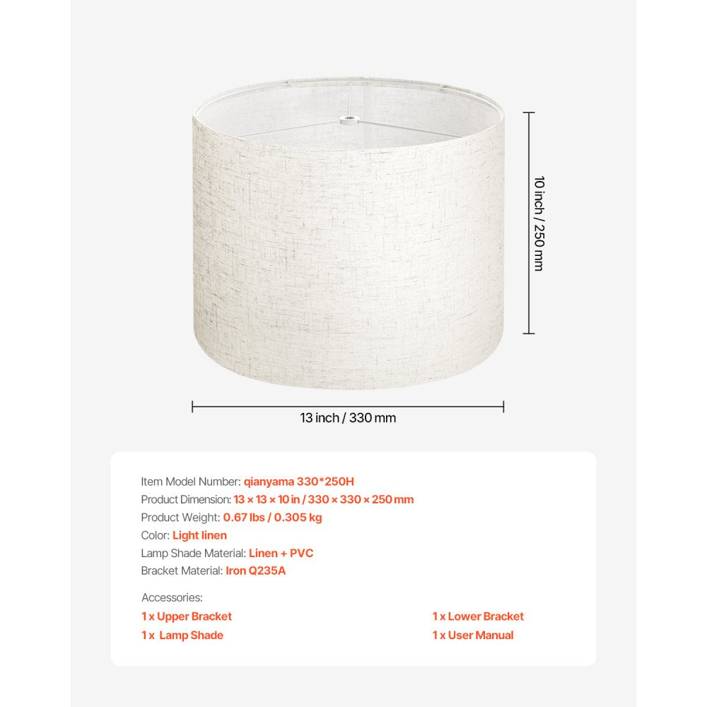 VEVOR Drum Lamp Shade, 13 in Top x 13 in Bottom x 10 in High, Medium Drum Linen Lampshade, Replacement Lamp Shade for Table Lamps Floor Lamps Pendant Lights, Easy Assembly Required (Light Linen)