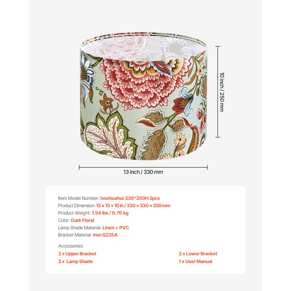 VEVOR Drum Lamp Shade 2 Set, 13 in Top x 13 in Bottom x 10 in High, Medium Drum Linen Lampshade, Replacement Lamp Shade for Table Lamps Floor Lamps Pendant Lights, Easy Assembly Required (Dark Floral)