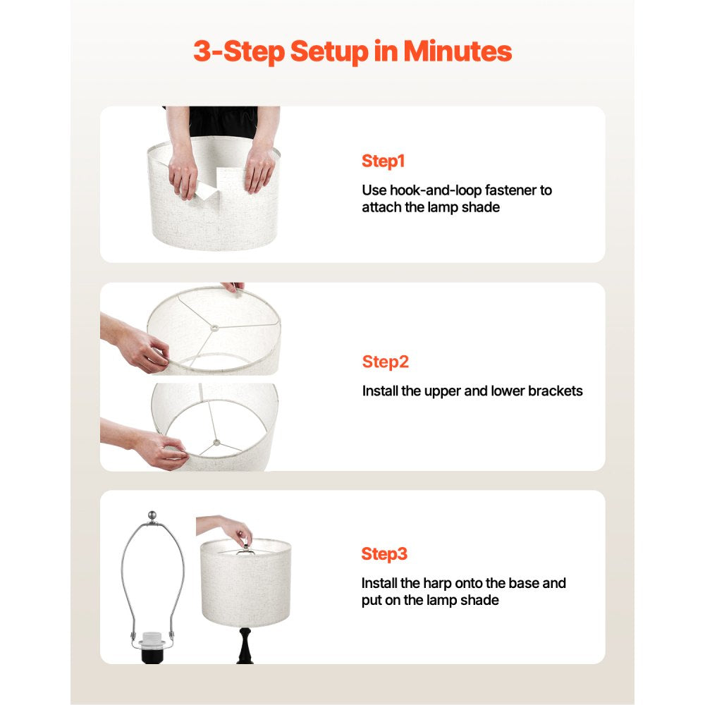 VEVOR Drum Lamp Shade 2 Set, 16 in Top x 16 in Bottom x 12 in High, Large Lampshade with Harp, Replacement Lamp Shade for Table Lamps Floor Lamps Pendant Lights, Easy Assembly Required (Light Linen)