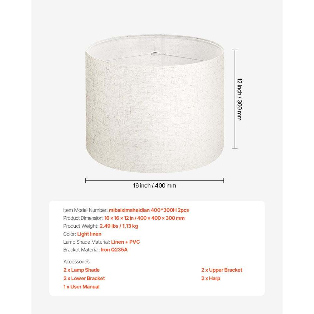 VEVOR Drum Lamp Shade 2 Set, 16 in Top x 16 in Bottom x 12 in High, Large Lampshade with Harp, Replacement Lamp Shade for Table Lamps Floor Lamps Pendant Lights, Easy Assembly Required (Light Linen)