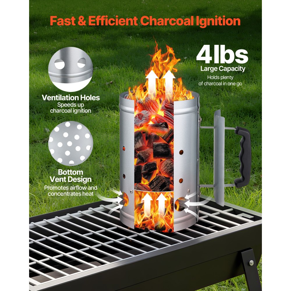 VEVOR Charcoal Chimney Starter, 4 lbs Large Capacity Coal Fireplace, Heavy Duty BBQ Steel Chimney Starter for Charcoal Grill and Barbecues, Compact On-the-Go Carbon Lighter and BBQ Grill Tool, Silver