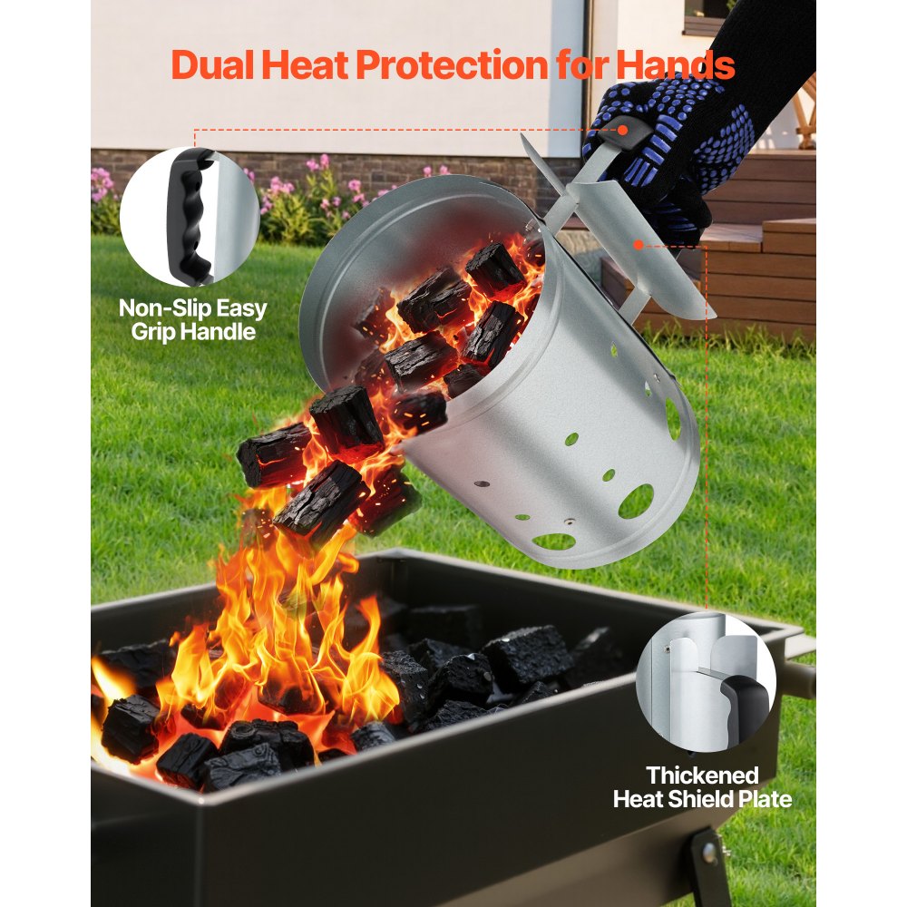 VEVOR Charcoal Chimney Starter, 4 lbs Large Capacity Coal Fireplace, Heavy Duty BBQ Steel Chimney Starter for Charcoal Grill and Barbecues, Compact On-the-Go Carbon Lighter and BBQ Grill Tool, Silver