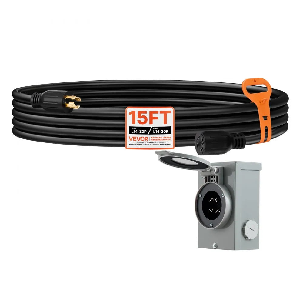 VEVOR 30 Amp Generator Cord and Power Inlet Box, 15 FT, 125/250V NEMA L14-30P to L14-30R Heavy Duty Extension Power Cord, SJTW 10 Gauge 7500W, Pre-Drilled Inlet Box, for Generator to House, ETL Listed