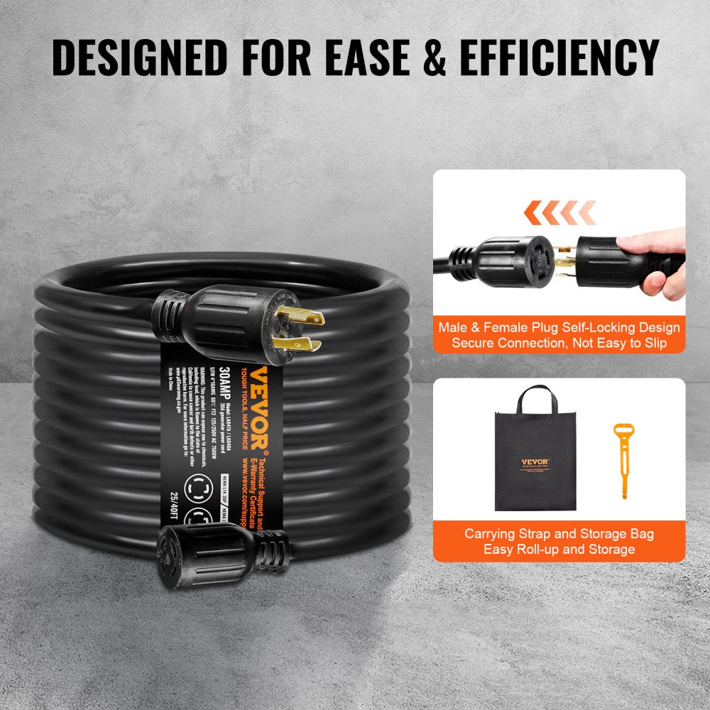 VEVOR 30 Amp Generator Cord and Power Inlet Box Kit, 40 FT, NEMA L14-30P/L14-30R STW 10 AWG Generator Power Extension Cord with Twist Lock Connector, Pre-Drilled Inlet Box for RV Outdoor, ETL Listed