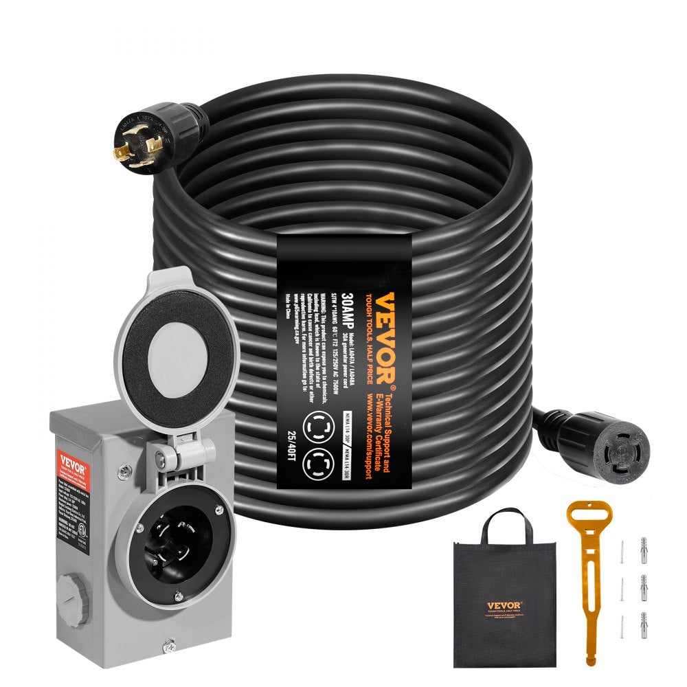 VEVOR 30 Amp Generator Cord and Power Inlet Box Kit, 40 FT, NEMA L14-30P/L14-30R STW 10 AWG Generator Power Extension Cord with Twist Lock Connector, Pre-Drilled Inlet Box for RV Outdoor, ETL Listed