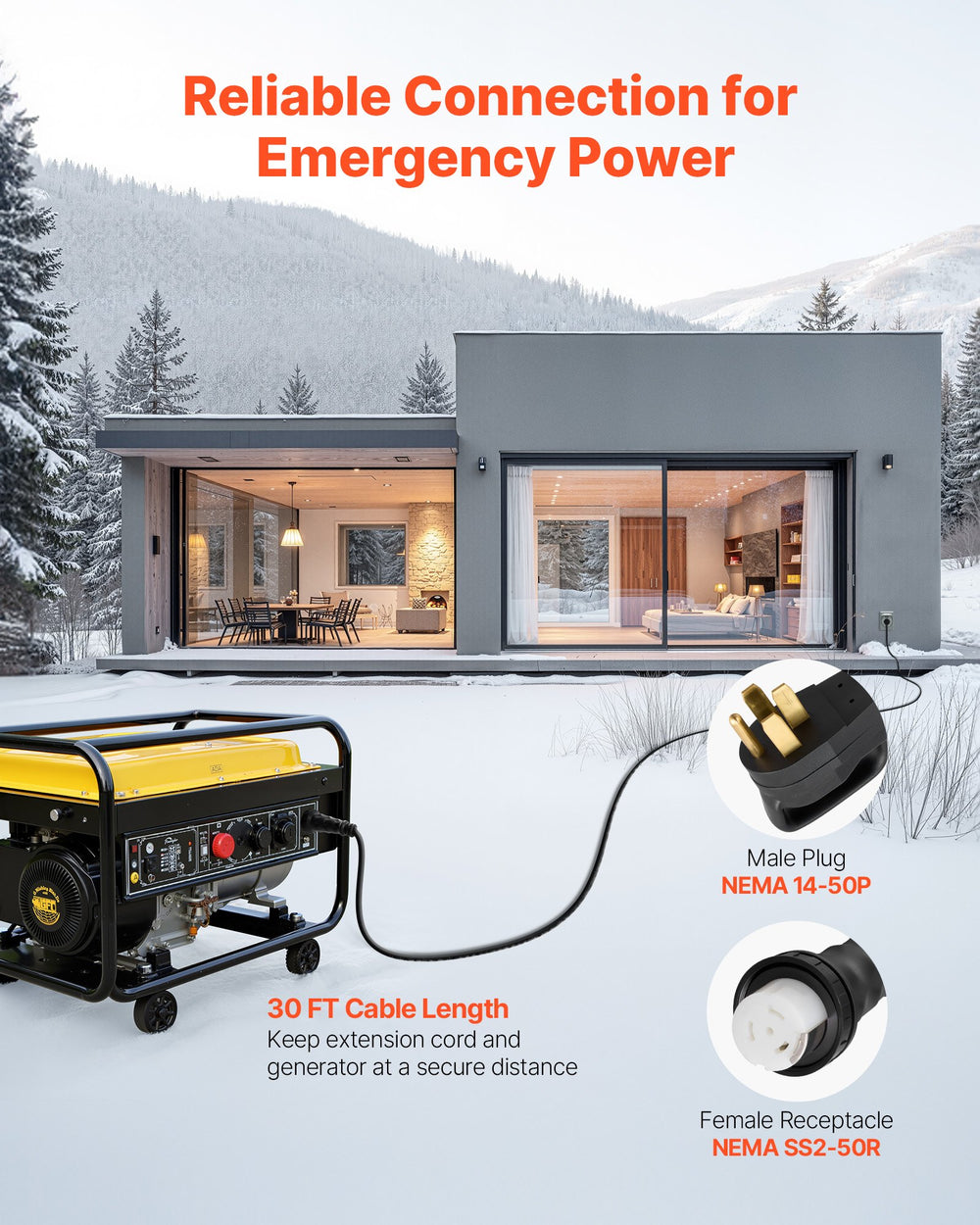 VEVOR 50 Amp Generator Cord and Power Inlet Box, 30FT, 125V/250V STW 6/3 + 8/1 AWG Extension Power Cord, NEMA 14-50P to SS2-50R, Twist Lock Connector, Inlet Box Kit, for Generator to House, ETL Listed
