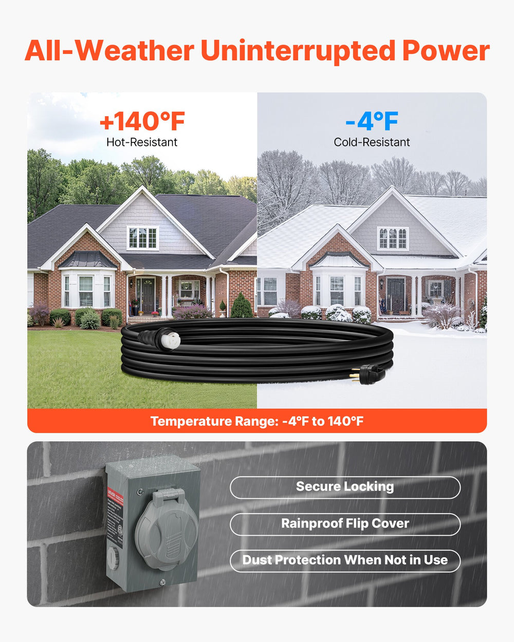 VEVOR 50 Amp Generator Cord and Power Inlet Box, 30FT, 125V/250V STW 6/3 + 8/1 AWG Extension Power Cord, NEMA 14-50P to SS2-50R, Twist Lock Connector, Inlet Box Kit, for Generator to House, ETL Listed