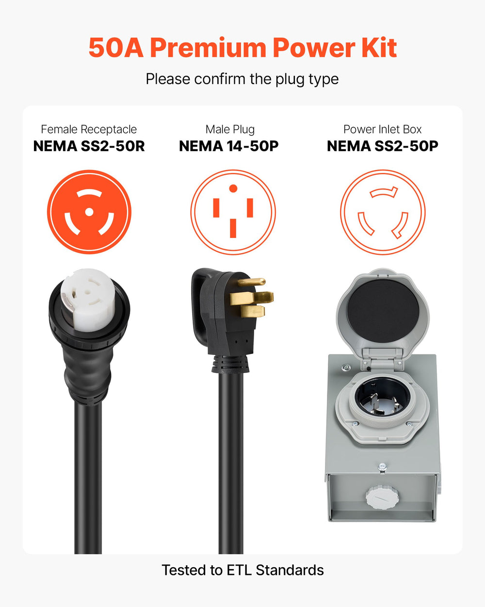 VEVOR 50 Amp Generator Cord and Power Inlet Box, 30FT, 125V/250V STW 6/3 + 8/1 AWG Extension Power Cord, NEMA 14-50P to SS2-50R, Twist Lock Connector, Inlet Box Kit, for Generator to House, ETL Listed