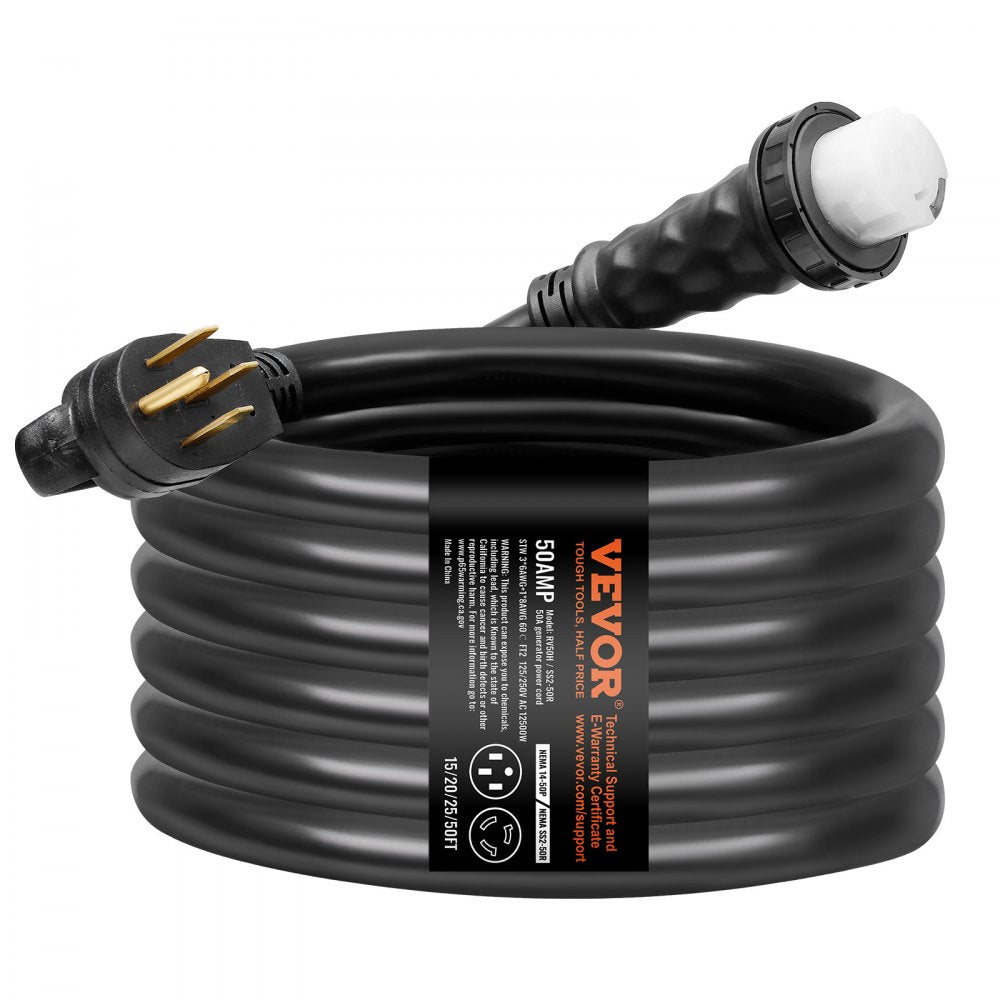 VEVOR 50 Amp Generator Cord and Power Inlet Box Kit, 15FT, NEMA 14-50P/SS2-50R STW 6/3+8/1 AWG Generator Power Cord with Twist Lock Connector, Pre-Drilled Inlet Box for Generator to House, ETL Listed