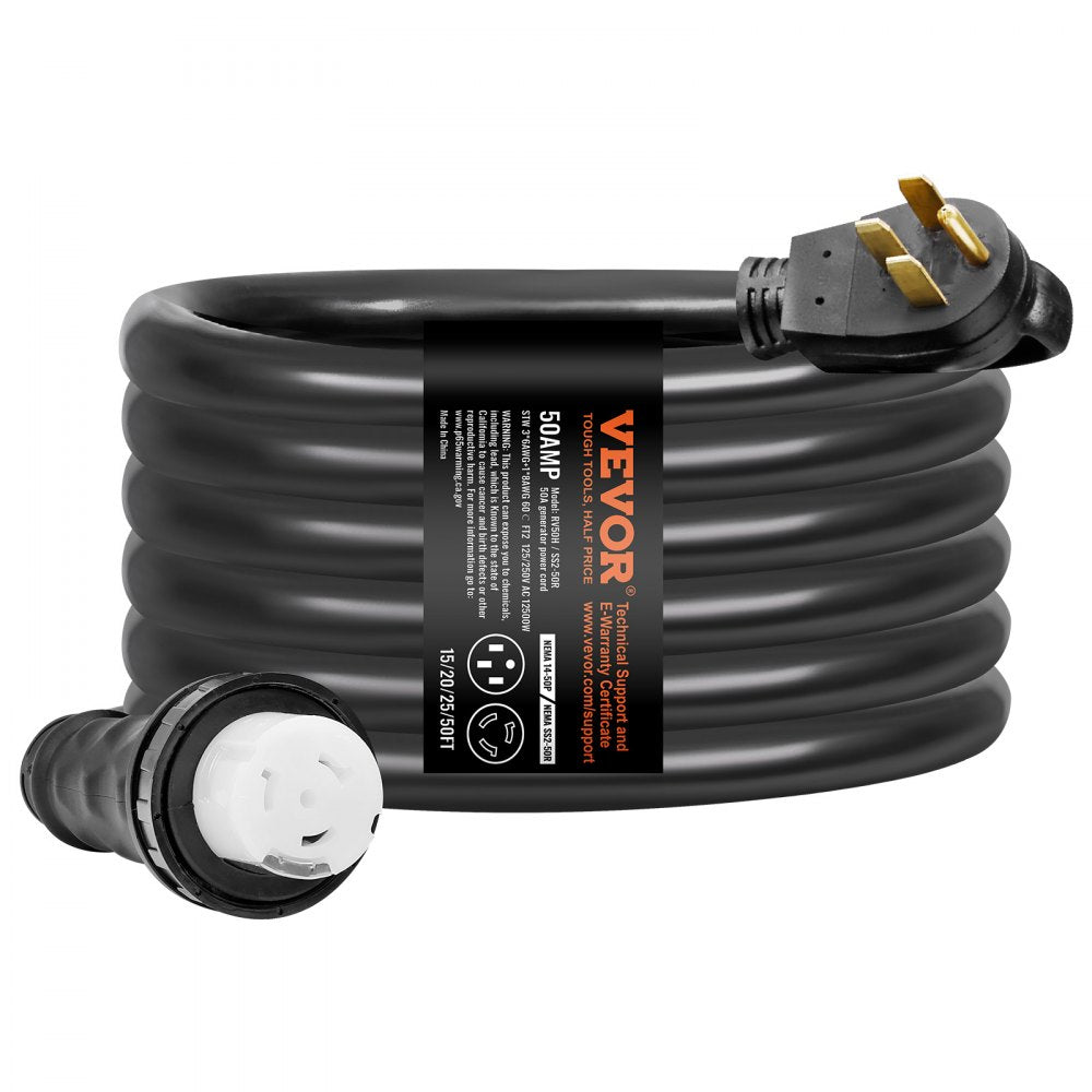 VEVOR 50 Amp Generator Cord and Power Inlet Box Kit, 20FT, NEMA 14-50P/SS2-50R STW 6/3+8/1 AWG Generator Power Cord with Twist Lock Connector, Pre-Drilled Inlet Box for Generator to House, ETL Listed