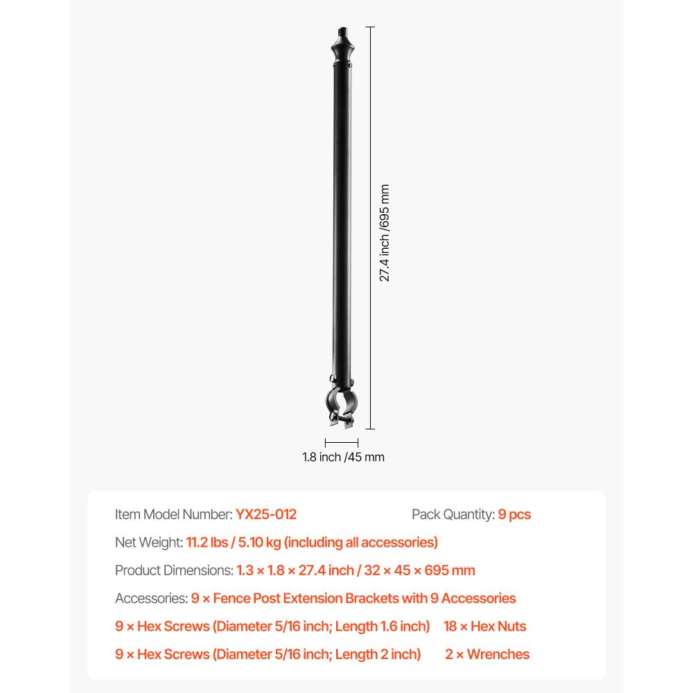 VEVOR Chain Link Fence Extensions, 9 Packs 27.4" Extension Height, Galvanized Post Extender for 1.3" to 1.5" Top of Fence, U Bracket, Barbed Wire Extend Arm for Privacy, Prevent Dogs Jumping Out
