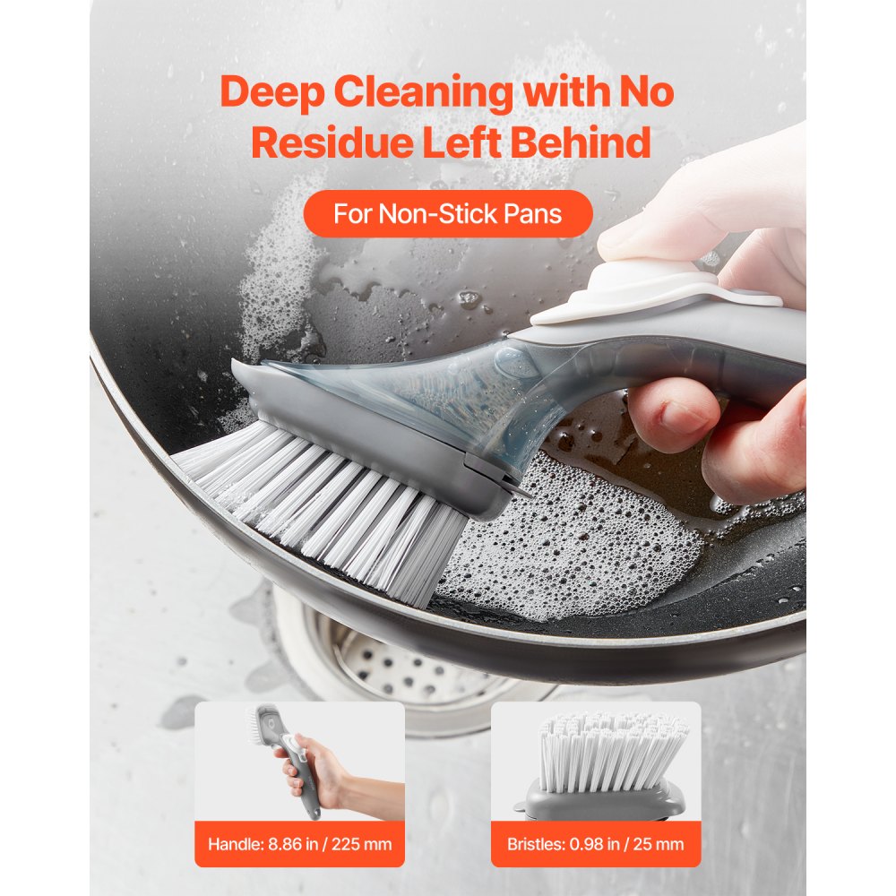 VEVOR Soap Dispensing Dish Brush, Kitchen Scrub Brushes with 3 Brush Heads, Dish Cleaning Brushes with PP Handle and Curved Bristles, Ideal for Pots, Pans, Sink and Stove