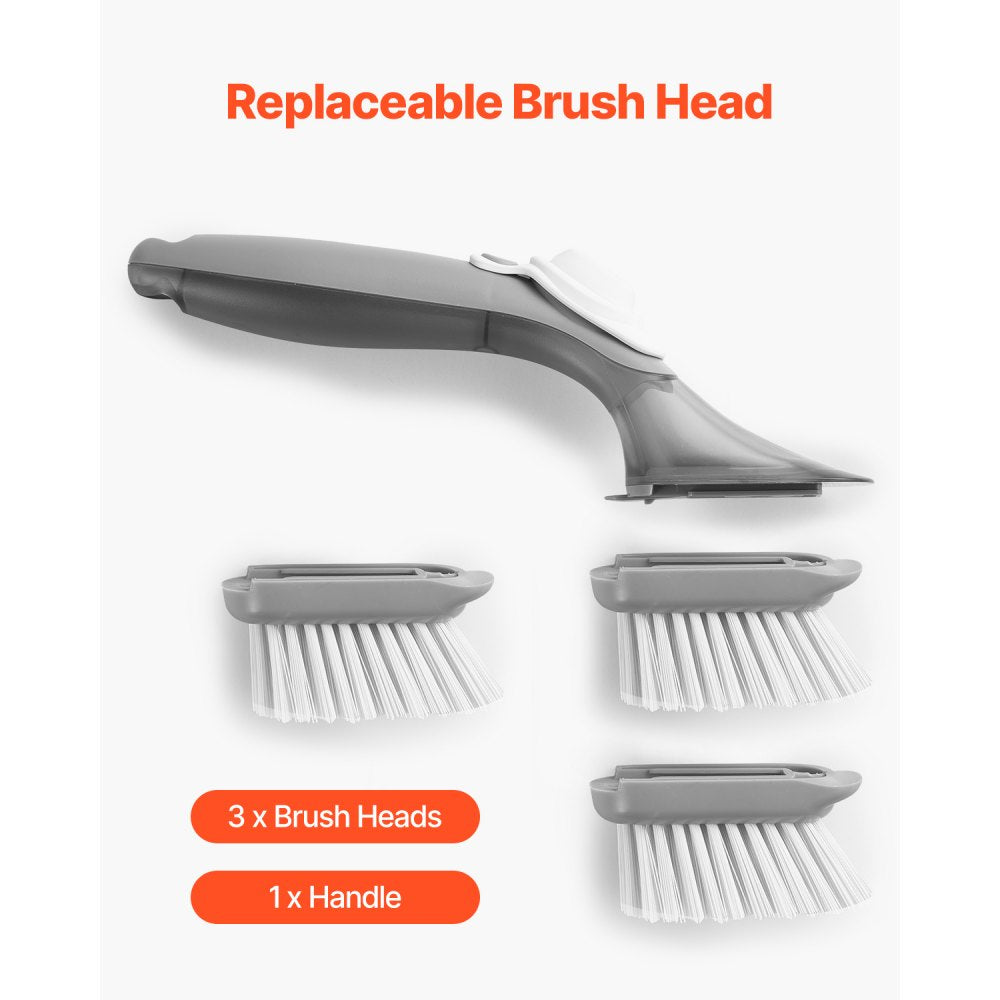 VEVOR Soap Dispensing Dish Brush, Kitchen Scrub Brushes with 3 Brush Heads, Dish Cleaning Brushes with PP Handle and Curved Bristles, Ideal for Pots, Pans, Sink and Stove